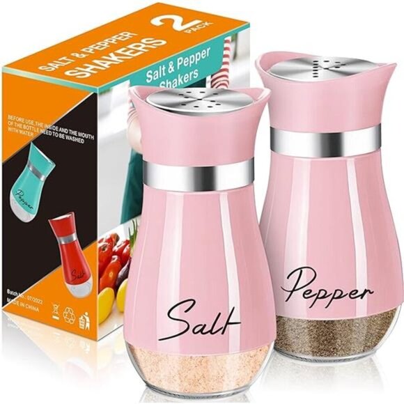 Pink Glass Salt and Pepper Shakers Set 4oz Stainless Steel Lid Farmhouse Kitchen - Picture 7 of 7